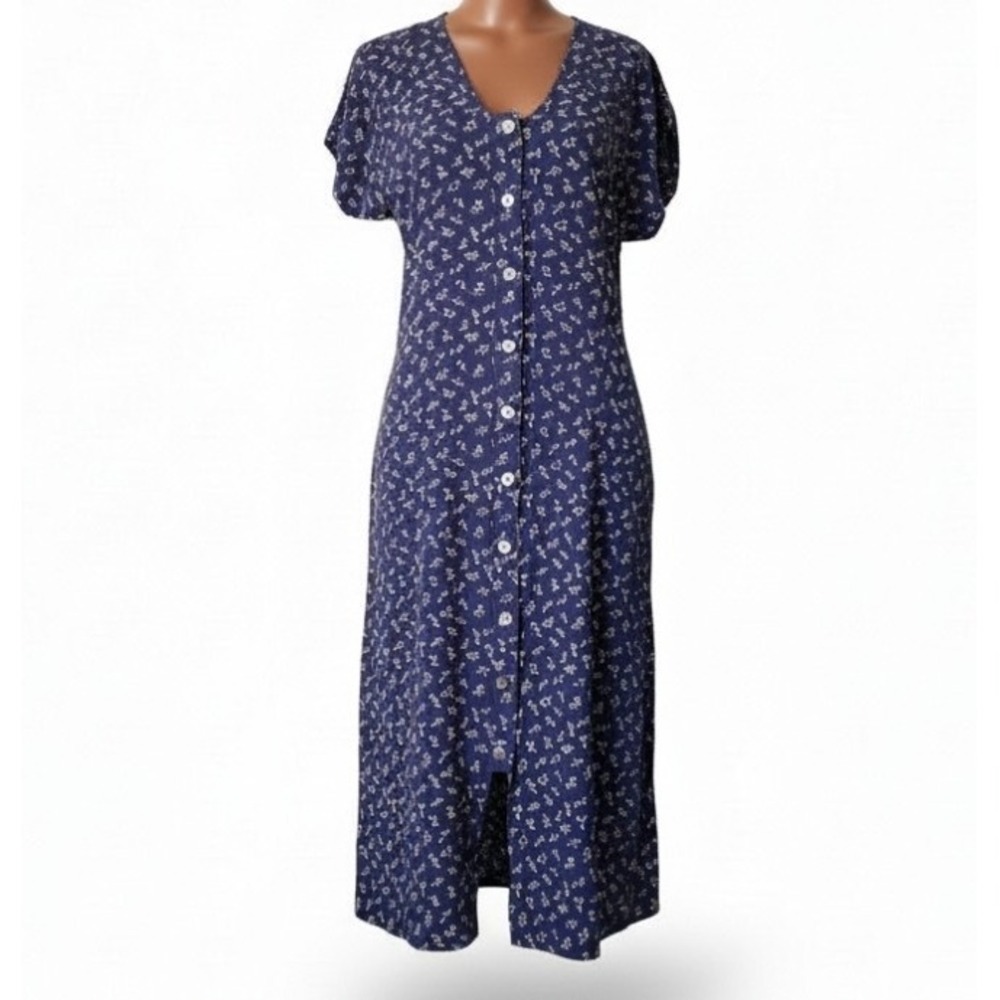 Madewell Button Front Dress Size S Blue Floral Midi Short Sleeve Cottagecore